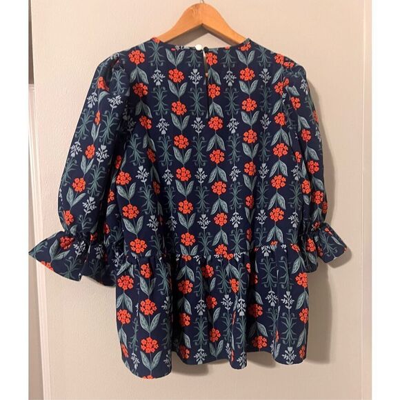 Mudpie Womens M Pierce Flounce Top Blue Statement Elbow Sleeve Floral Peplum New - Picture 14 of 14